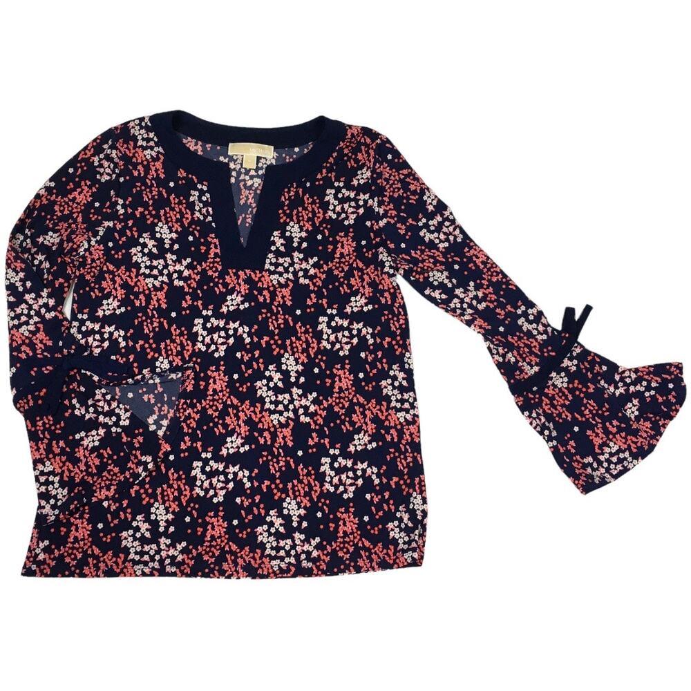Michael Michael Kors Blouse Bell Sleeve Navy Blue Pink Floral Print Women's‎ M